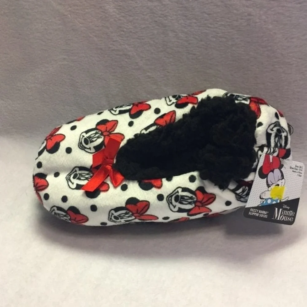 Disney Fuzzy Babba Slipper Socks Childrens M/L White Minnie Mouse NWT Polka Dot